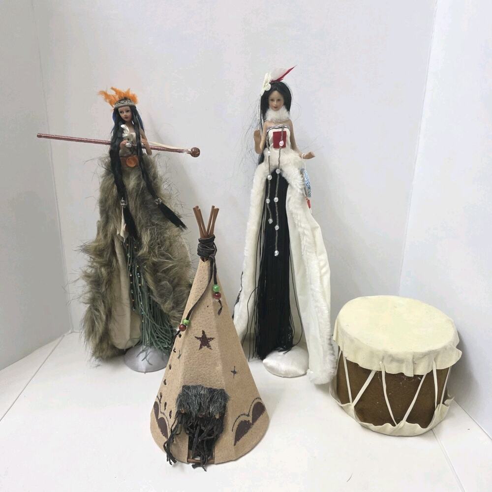 Vintage Handmade Native American Dolls on Stands Bundle of 2 Long Hair Beaded